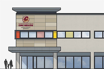 A concept drawing of a large brown building with three shadow figures of people standing outside the entrance.