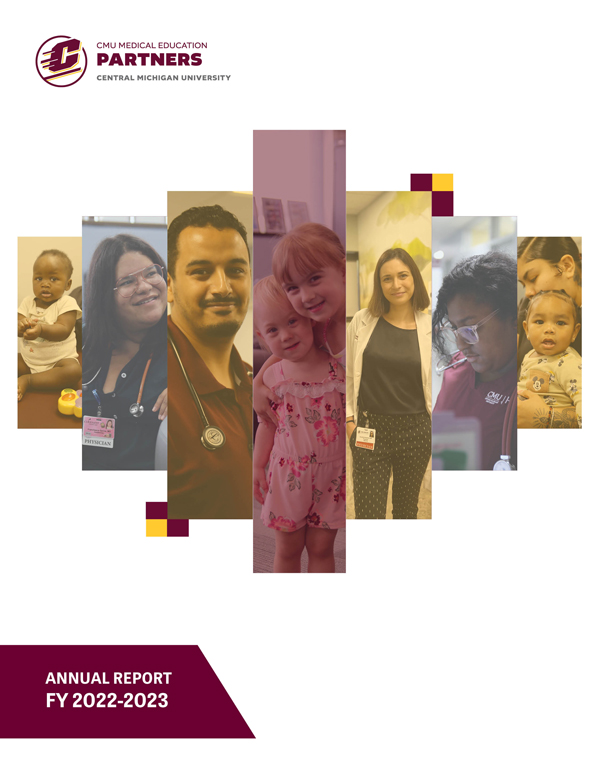 Physicians and patients of CMU Health on the front cover of the fiscal year 2022-2023 Annual Report.