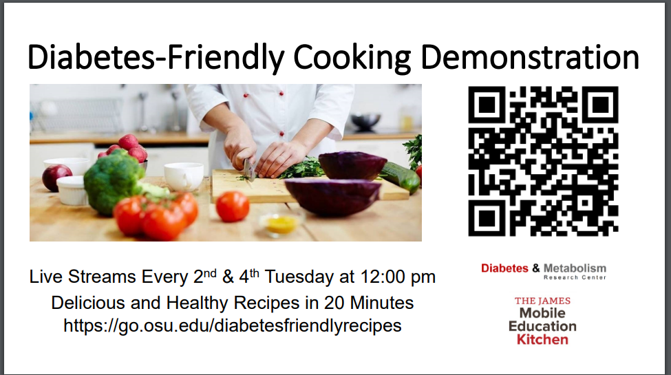 Image that has a qr code and link to sign up for live stream classes of delicious and healthy recipes, every second and fourth Tuesday of the month at 12pm, EST.